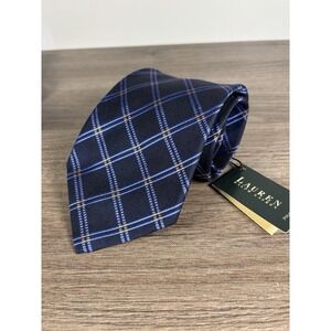 NWT Lauren Ralph Lauren Tie Windowpane Plaid Blue 100% Silk